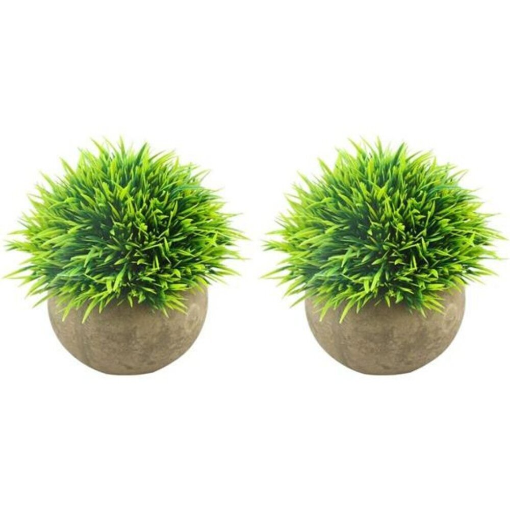 Mini Artificial Plants Set of 2 Faux Green Grass in Grey Pots for Home Office De